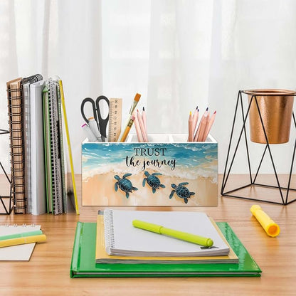 Coastal Beach Sea Turtle Pen Holder for Desk, Inspirational Sea Turtle Pencil Organizer, Trust the Journey Ocean Beach Wooden Pen Holder Desk Accessories Decor for Home Office