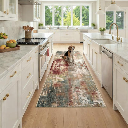 RELEANY Washable Area Rugs 3x7 Non-Slip Modern Abstract Soft for Living Room Entryway Bedroom Kitchen, Print Pattern, Brown Rust Red Green Blue Multi