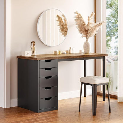 LITTLE TREE Computer Desk with 5 Drawers, 47 Inch Modern Simple Study Writing Desk with Metal Frame, Work Desk for Home Office, Rustic Brown and Black