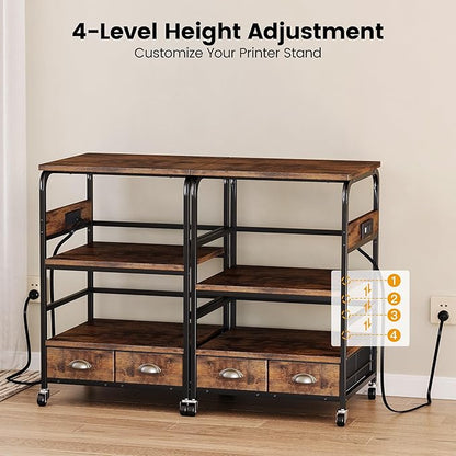 Extra Large Printer Stand with 2 Farbic Drawer, 3 Tier Printer Table with 4-Adjustable Heights, Rolling Printer Cart with Storage for Printer Scanner Fax Home Office Use, Rustic Black and Brown