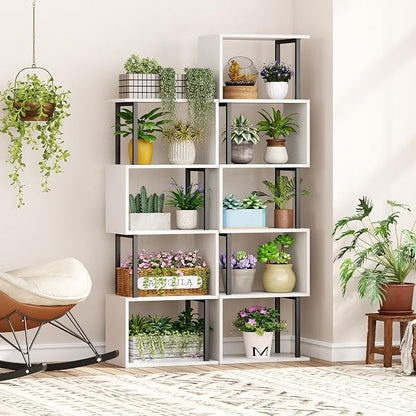 Yusong Bookshelf 5-Tier, Geometric Bookcase S Shaped Book Shelves for Bedroom, Modern Wood Decorative Display Shelf Book Case for Home Office, White and Black