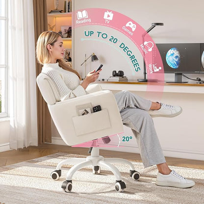 DurayLoly Home Office Chair with Wheels Soft-Touch Material,Modern Cute Vanity Chair with Back Adjustable Height Upholstered Comfy Desk Chairs with Side Pockets for Bedroom,White