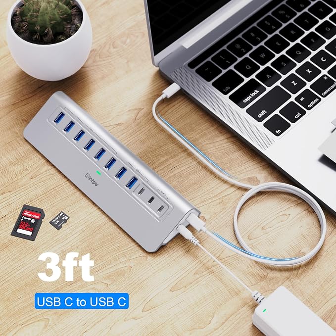 Powered USB Hub 10Gbps, intpw YH9AC Plus 13 Port USB 3.2 Hub(USB A/USB C 3.2+6 USB-A 3.0+2 PD 45W Fast Charging Ports+SD/TF Card Reader), 65W Power Adapter,Aluminum USB HUB for PC,Laptop,iPhone 17/16