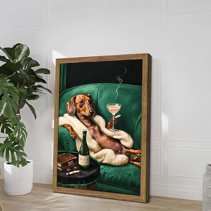 Framed Funny Dachshund Wall Art, Playful Dog Canvas Print with Martini and Cigar, Humorous Animal Poster, Abstract Dog Wall Decor for Living Room Bedroom, Gift for Pet Lovers 8x10 inch