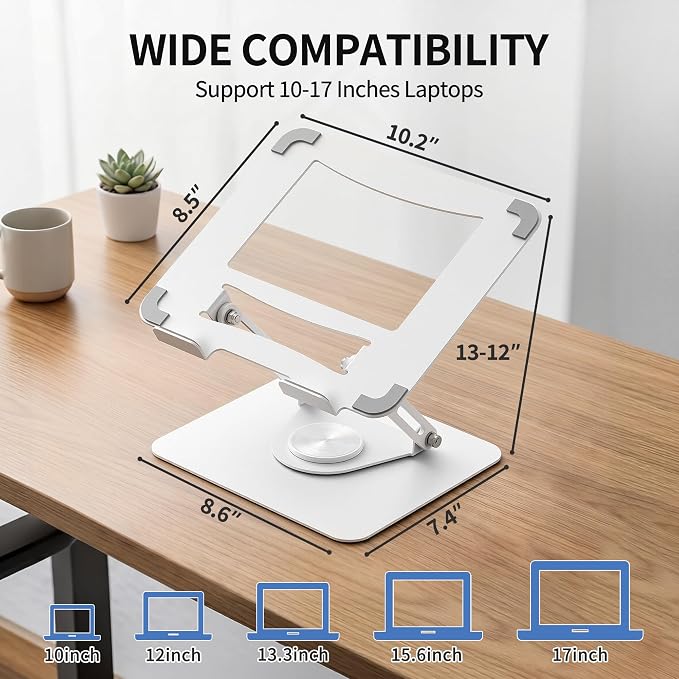 ALASHI Laptop Stand for Desk with 360° Rotating Base, Multi-Angle Adjustable Laptop Stands, Foldable Laptop Riser Compatible with 10 to 17 Inches PC Computer, White
