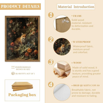 Vintage Fox Canvas Wall Art, Dark Academia Floral Decor, Nature Botanical Animal Painting, Farmhouse Fox Picture Print, Aesthetic Wall Decor for Living Room Bedroom 12x16 inch Wood Framed