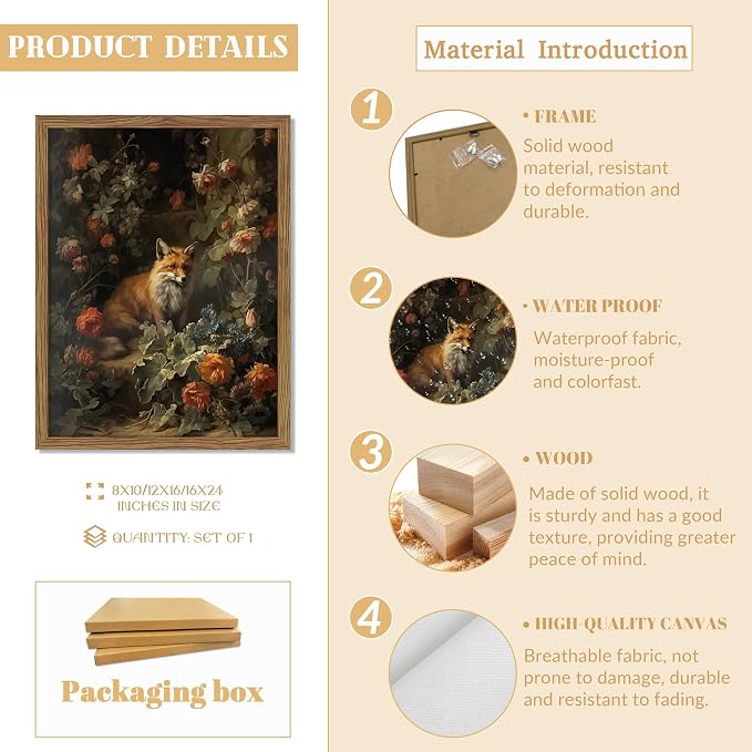 Vintage Fox Canvas Wall Art, Dark Academia Floral Decor, Nature Botanical Animal Painting, Farmhouse Fox Picture Print, Aesthetic Wall Decor for Living Room Bedroom 16x24 inch Wood Framed
