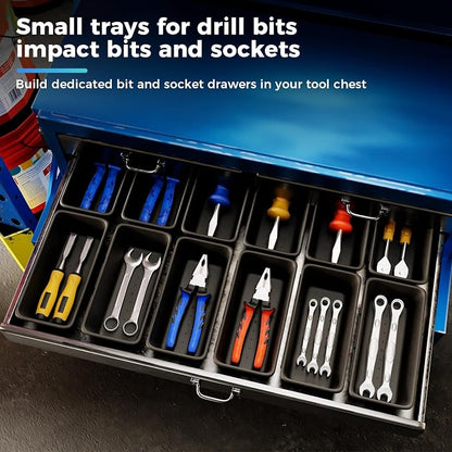 10 PCS Small Toolbox Organizer Trays for Drill Bits, Impact Bits and Sockets, Drawer Bins for Garage Mechanic Chest and Workbench Bit Drawers(S_10PCS_Black)
