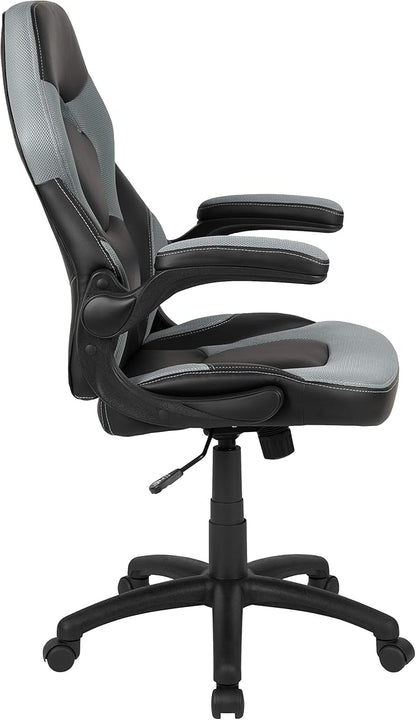 Flash Furniture X10 High-Back LeatherSoft Racing Style Gaming Chair with Flip-Up Arms, Ergonomic Padded Swivel Computer Chair, Gray/Black