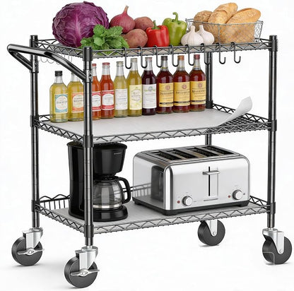 1050Lbs Heavy Duty Utility Cart with Wheels 3 Tier Rolling Metal Cart, Commercial Grade Storage Cart with Handle Bar & Shelf Liner, Trolley Wire Serving Cart for Garage, Kitchen, Restaurant