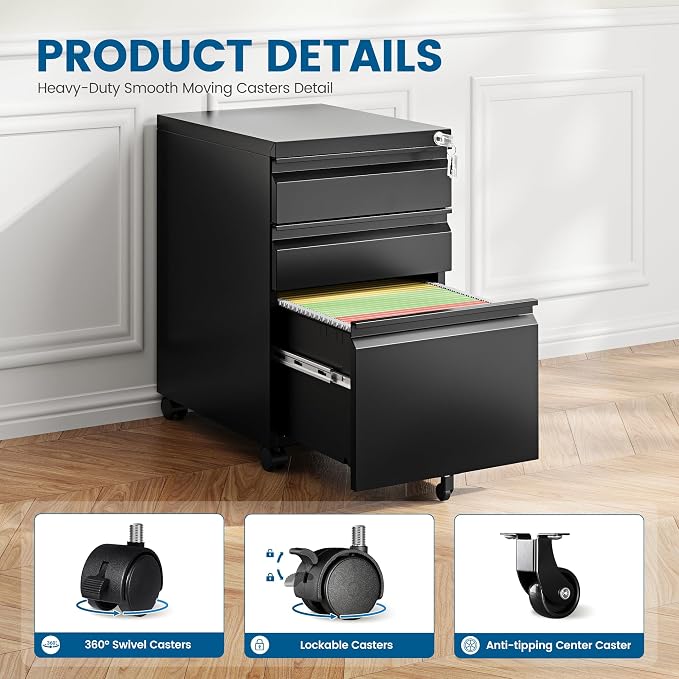 PEUKC 3 Drawers Mobile File Cabinet with Lock, Under Desk Rolling File Cabinet for Home Office, Organizes Letter Legal A4 Files, Black(Assembly Required)
