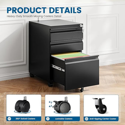 PEUKC 3 Drawers Mobile File Cabinet with Lock, Under Desk Rolling File Cabinet for Home Office, Organizes Letter Legal A4 Files, Black(Pre-Assembled)