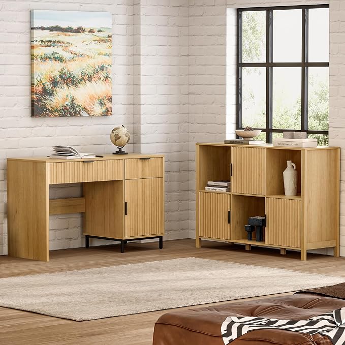 EYYTHUNG 47" Fluted Executive Desk, Modern Wood Home Office Desk with Charging Station, Drawer & Cabinet, Computer Writing Desk for Work Study, Natural Oak