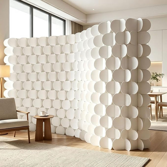 3D Scallop Textured Room Divider, Freestanding Privacy Screen, Modern Accordion Folding Kraft Paper Partition, No Drill, Portable Room Separator for Home, Office, Studio & Salon, White