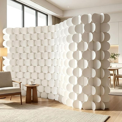 3D Scallop Textured Room Divider, Freestanding Privacy Screen, Modern Accordion Folding Kraft Paper Partition, No Drill, Portable Room Separator for Home, Office, Studio & Salon, White