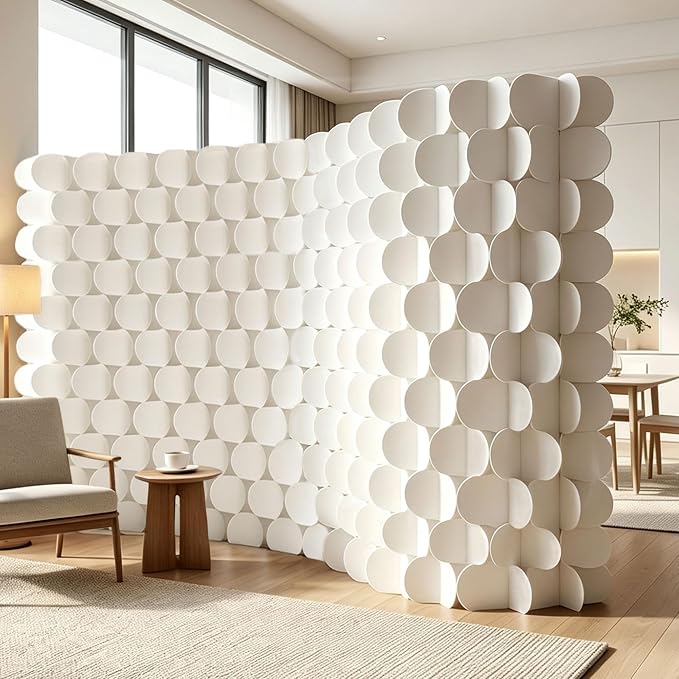 3D Scallop Textured Room Divider, Freestanding Privacy Screen, Modern Accordion Folding Kraft Paper Partition, No Drill, Portable Room Separator for Home, Office, Studio & Salon, White
