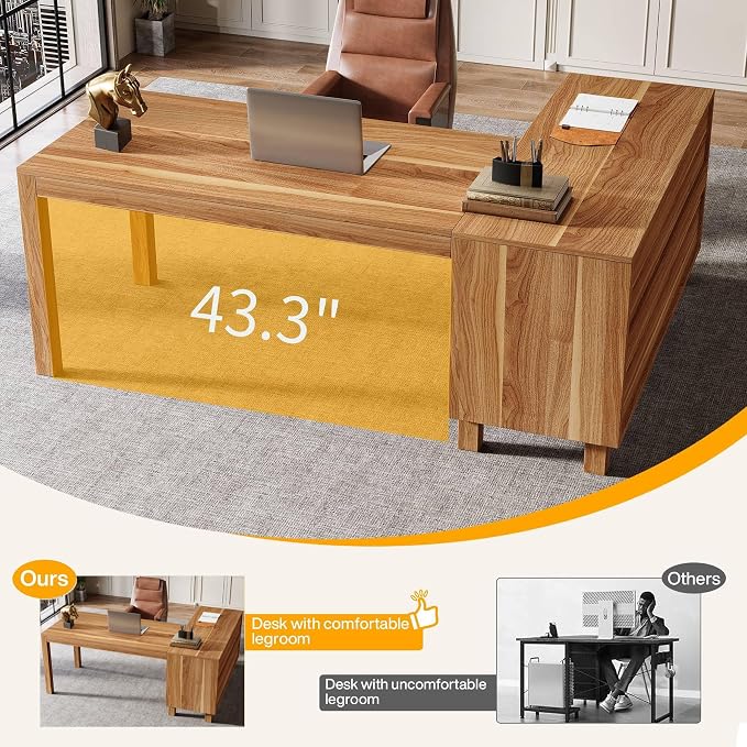 Tribesigns 59-Inch L-Shaped Desk with File Cabinet & Shelves, Brown | Executive Office Desk with Storage, Wooden Computer Writing Desk Corner Desk for Home Office