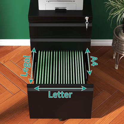 3 Drawer File Cabinet, Vertical File Cabinets with Lock for Home Office,Heavy Duty Office Steel Filing Cabinet for Hanging Letters/Legal/A4, Assembly Required (Black)