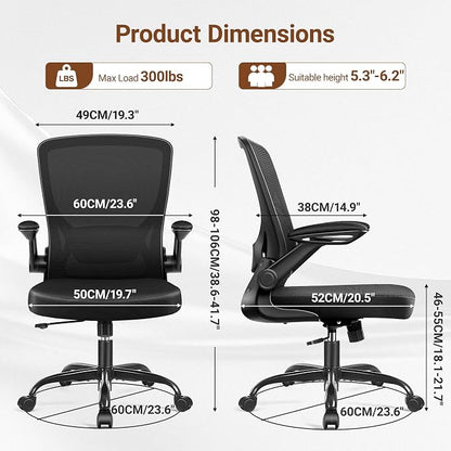 BESTFAIR Ergonomic Office Chair, Mesh Computer Desk Chairs with Lumbar Support, Swivel Desk Chair with Flip-up Arms and Adjustable Height, Black, 2-Pack
