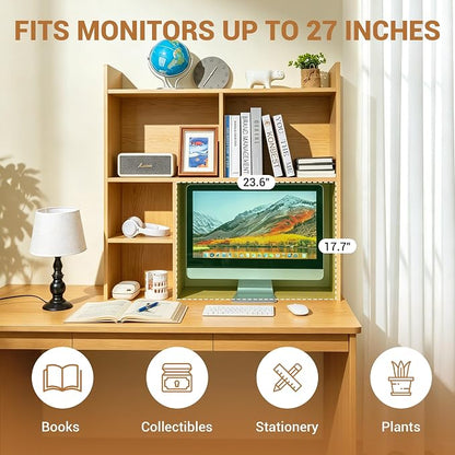 deli Desktop Shelf, Desk Hutch with 5 Shelves for Computer Desk, Desktop 3-Tier Display Rack, Multipurpose Wood Desktop Bookshelf Storage Organizer for Dorm Office Home, Natural