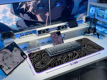 JMIYAV White Gaming Mouse Pad RGB Mousepad 31.5x12In Non-Slip Rubber Base Extra Large Cool XL XXL Computer Desk Pad Gaming Accessories Setup LED Light Up Big Mouse Pad for Gamer Topographic Black