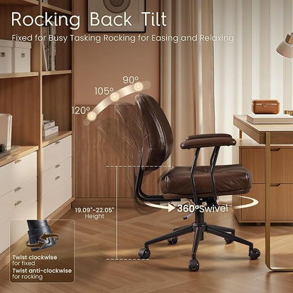 HOOOWOOO Ergonomic Office Chair,Mid Century Modern Computer Desk Chair,Comfy Executive Chair with Extra Wide Tufted Cloudy Seat Lumbar Support Rocking Back,PU Leather Dark Brown