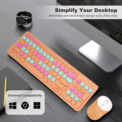 Wireless Keyboard and Mouse Combo, Retro Typewriter Keyboard with Round Keycaps, 2.4GHz USB Cute Wireless Keyboard Mouse for Computer, Desktop, Laptop and Computer (Orange Colorful)