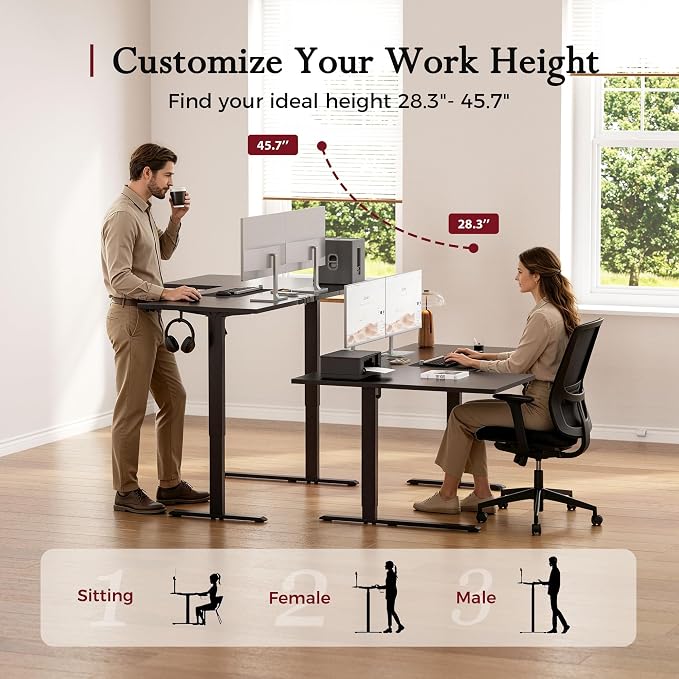 Klicelor L Shaped Standing Desk, 63 Inch Electric Height Adjustable Desk with Memory Preset, Reversible Sit Stand Up Computer Workstation for Home Office, Splice Board, Black