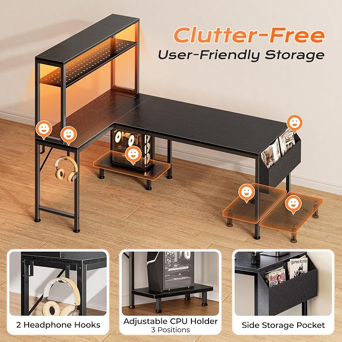 PRAISUN L Shaped Gaming Desk with LED Lights & Power Outlets, Reversible Computer Desk with Storage Shelves & Bag, Large Corner Home Office Desk with Pegboard for Work from Home, Black