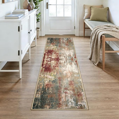 RELEANY Washable Area Rugs 2x7 Non-Slip Modern Abstract Soft for Living Room Entryway Bedroom Kitchen, Print Pattern, Brown Rust Red Green Blue Multi