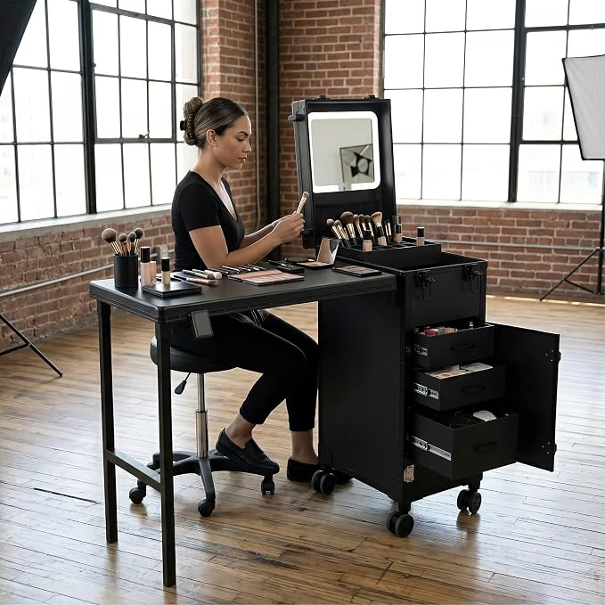 Portable Manicure Table with Storage – Travel Nail Desk | 360° Swivel Wheels Rolling Case, Professional Mobile Salon Station, Cosmetic Makeup Organizer Cart for Tech On the Go