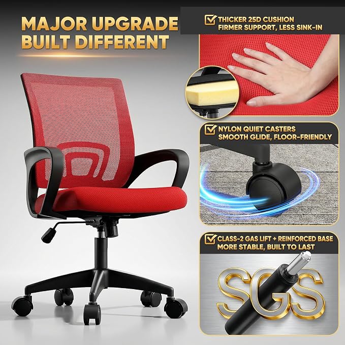 Magshion Ergonomic Office Chair 20 Pack, Mid-Back Mesh Desk Chair, Adjustable Swivel Computer Chair with Lumbar Support & Breathable Backrest for Gaming, Work, Study, 300 Lbs Capacity, Red
