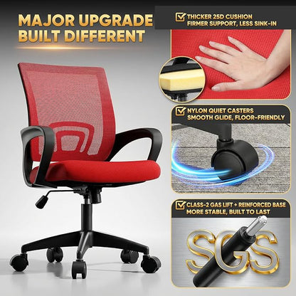 Magshion Ergonomic Office Desk Chair, Mid-Back Mesh Computer Chair, Swivel Chair with Breathable Backrest & Lumbar Support, Adjustable Height for Gaming, Work, Study, 300 Lbs Capacity, Red