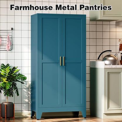Bevivog Bathroom Storage Cabinet Freestanding, 61" Tall Metal Cabinets with Doors and Shelves, Blue Metal Pantry Cabinet for Kitchen, Living Room, Home Office