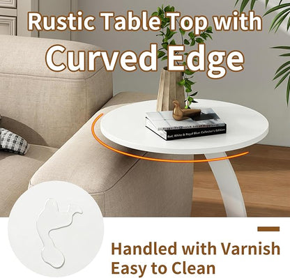 C Shaped End Table, Small Round Side Table for Couch, Slide Under Sofa Tray Desk for Living Room Bedroom, Solid Wood TV Tray Table for Narrow Space (15” White)