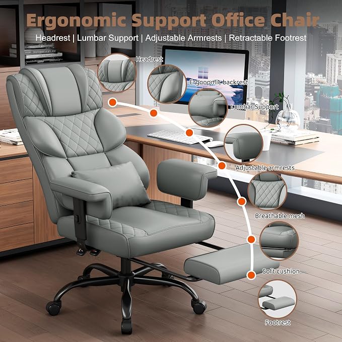 Vonesse Big and Tall Office Chair, Desk Chair with Soft Adjustable Armrests, Ergonomic High Back Gaming Chair with Lumbar Support, Executive Computer Chairs with Footrest (PU Leather, Gray)