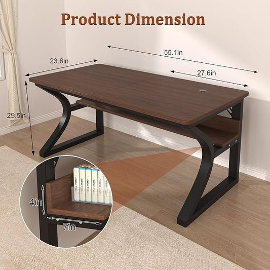 55 inch Computer Desk, Home Office Desk with Storage Shelf, Sturdy U-Shaped Metal Frame Study Table with Cable Management, Gaming Desk for Office & Bedroom (Deep Walnut, 55inch)