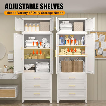 Metal Storage Cabinet with Doors and Shelves, 90" Tall Kitchen Pantry Storage Cabinets with 3 Drawer, White Pantry Closet, Steel Large Cupboard, High Leveling Feet- Assembly Required