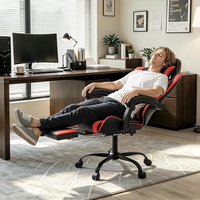 Gaming Chair, Ergonomic Computer Chairs with Arms, Lumbar Support, Footrest, Headrest 360°Swivel Chair, Adjustable Back and Height, Leather PC Chairs for Gaming, Study, Office, Black/Red
