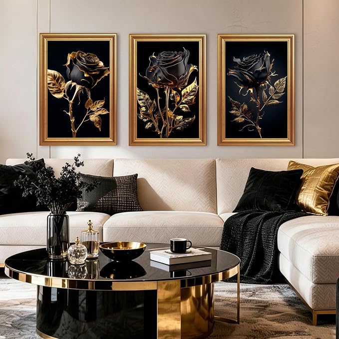 ICHZUMW Black and Gold Wall Decor, Gold Framed Glam Rose Canvas Wall Art, Set of 3 Ready to Hang Fade Resistant Floral Prints with Moody Dark Academia Aesthetic for Bedroom Living Room, 16x24 Inches