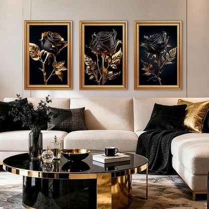 ICHZUMW Black and Gold Wall Decor, Gold Framed Glam Rose Canvas Wall Art, Set of 3 Ready to Hang Fade Resistant Floral Prints with Moody Dark Academia Aesthetic for Bedroom Living Room, 16x24 Inches