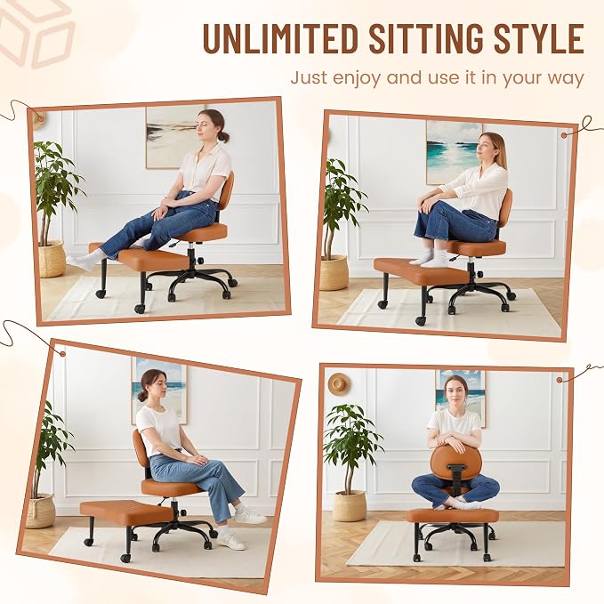 Homall Ergonomic Cross Legged Office Desk Chair with Wheels, 360° Swivel and Adjustable Height for Meditation and ADHD,Criss Cross Kneeling Chair with Lumbar Support (Leather, Brown)