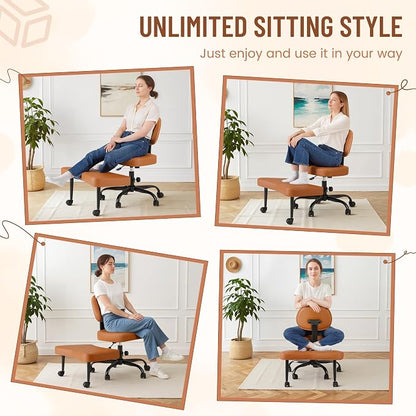 Homall Ergonomic Cross Legged Office Desk Chair with Wheels, 360° Swivel and Adjustable Height for Meditation and ADHD,Criss Cross Kneeling Chair with Lumbar Support (Leather, Brown)