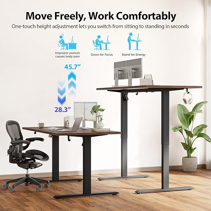 Agilestic Electric Standing Desk, 63 x 28 Inches Height Adjustable Desk, Sit Stand up for Work Office Home, Ergonomic Rising Computer Table with Memory Preset, Dark Walnut