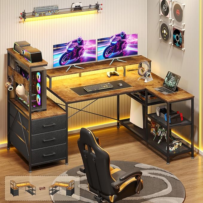 YOMILUVE L Shaped Gaming Desk with Drawers & Storage Shelves, Corner Gaming Desk with Power Outlets & LED Light, Reversible Computer Desk with Monitor Stand & Hooks, Rustic Brown