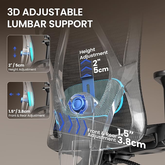 naspaluro Ergonomic Office Chair Mesh Desk Chair with Adjustable Headrest Lumbar Support 3D Armrest 90-135° Reclining Chairs for Home Office, Study, Work & Gaming (Black)