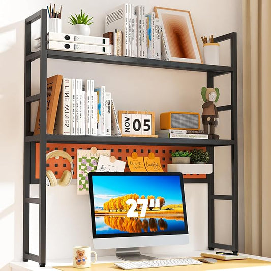 Brakki Desk Shelf, Desk Hutch Bookshelf, Desktop Shelf with Pegboard, Black | L35.43", 2 Tier Bookcase, for Computer Monitor, Metal Desktop Hutch, Storage Organizer for Dorm Home Office