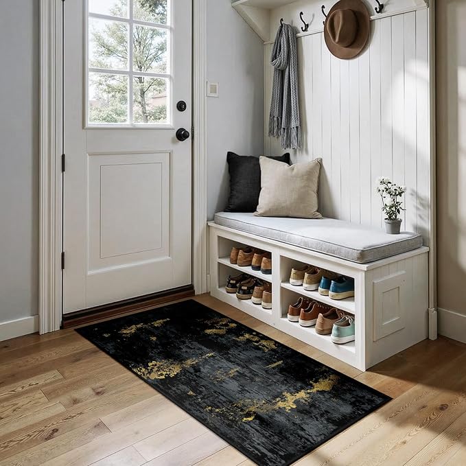 RELEANY Washable Area Rugs 2'x5' Non-Slip Modern Abstract Soft for Living Room Entryway Bedroom Kitchen, Print Pattern, Dark Black Gold