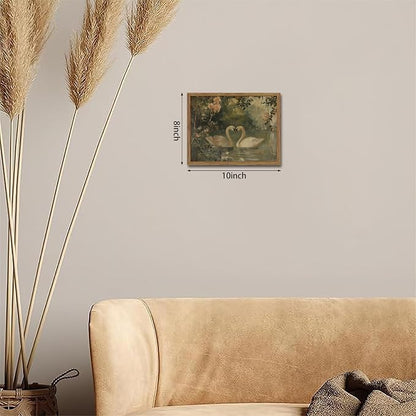Vintage Swan Wall Art, Antique Swan Art Print, Rustic Farmhouse Romantic Decor, Cottagecore Animal Oil Painting, Aesthetic Swans Picture Wall Decor for Bedroom Living Room 8x10 inch Wood Framed