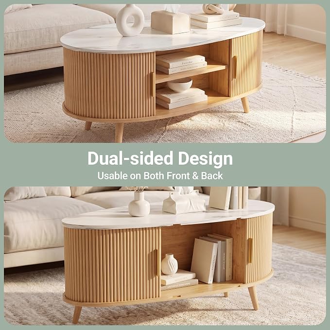 Seang Fluted Coffee Table with Storage,39" Oval Coffee Table with Dual Sliding Doors,Wooden Center Table for Living Room Home Office,Natural
